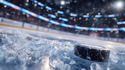 Close-up shot of puck on ice with jagged ice pieces, arena lighting creating glimmering reflections, frozen surface textures detailed, ready for competitive hockey gameplay