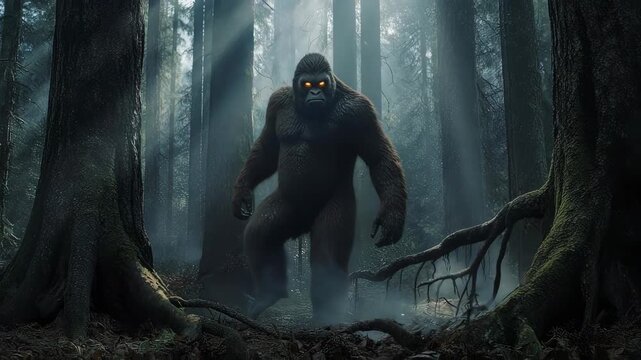 Mysterious Bigfoot in Dark Forest, Glowing Eyes, Cinematic Horror Scene