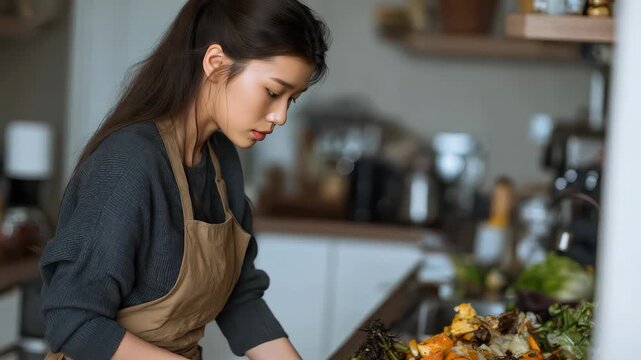 Young Asian housekeeper composts leftover food while preparing kitchen for sustainable living in a cozy home environment