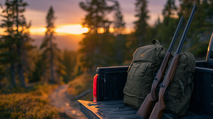 Olive green backpacks and hunting rifles in truck bed, forest trail glowing under golden sunset, emphasizing preparation for outdoor adventure and wilderness exploration