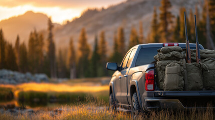 Pickup truck ready for outdoor excursion, bed packed with olive green backpacks and hunting rifles, warm golden forest light highlighting wilderness preparation