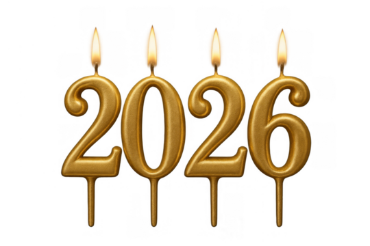 Golden 2026 number candles burning, representing new year party, upcoming year, birthday, anniversary, or future celebration