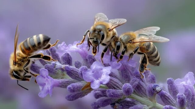 A captivating macro shot reveals the intricate world of three diligent pollinators meticulously collecting nectar from delicate purple flowers. The warm sunlight illuminates their fuzzy bodies and tra
