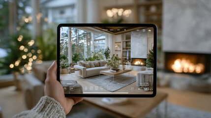 Tablet held in hand shows interactive virtual tour of cozy modern living room, glowing fireplace and comfortable sofa highlighted, digital interior design concept emphasized