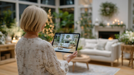Person holds tablet displaying virtual modern living room, soft lighting on sofa and fireplace, planning home renovation digitally with detailed furniture and decor modeling