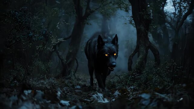 Mystical Black Wolf in Dark Forest: Eerie Encounter, Glowing Eyes