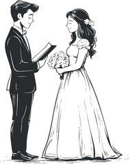 Fototapeta premium Elegant black and white vector illustration of a bride and groom exchanging vows at a wedding ceremony