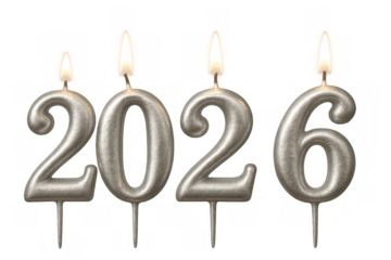 Silver 2026 number candles burning bright for new year celebration, anniversary, or birthday on transparent background