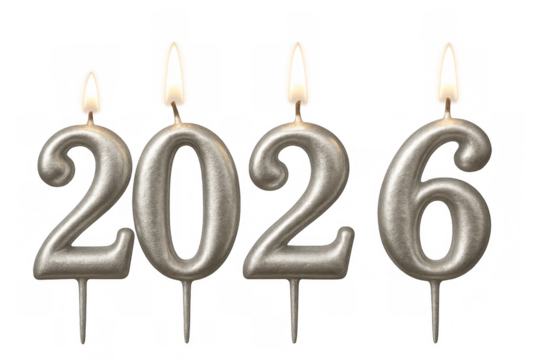 Silver 2026 number candles burning bright for new year celebration, anniversary, or birthday on transparent background