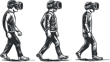 Stylized black and white vector illustration of a person walking in virtual reality headgear, showcasing technology and modern lifestyle concepts