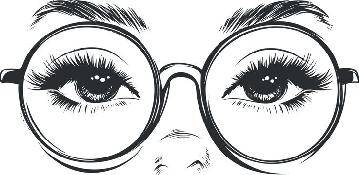 Stylized black and white vector illustration of expressive eyes behind round glasses, perfect for fashion and beauty design projects