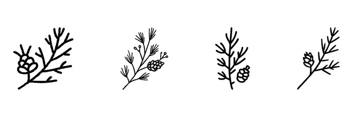 Pine Branches With Cones Line Icon Set In Doodle Style. Nature, Botanical Elements, And Evergreen Foliage Outline Sketch Collection. Hand Drawn Isolated Vector Illustration