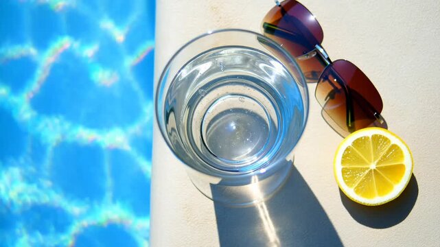 Glass of water by pool  lemon slice, bright sunlight casting rippling blue reflections and crisp shadow on white deck minimal composition conveys summer relaxation refreshment resort vibe
