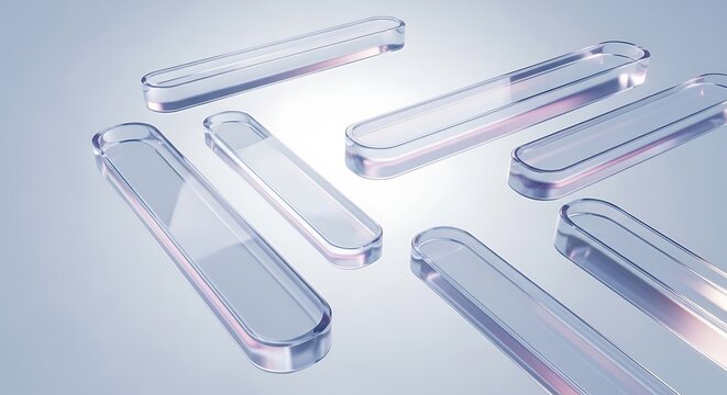 Array of clear polished rectangular material samples reflecting light, suitable for scientific, optical, or technology concepts