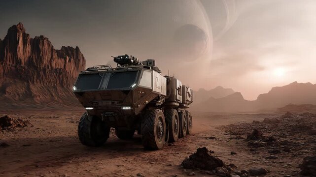 Spacecraft navigating harsh landscape beneath massive gaseous planet