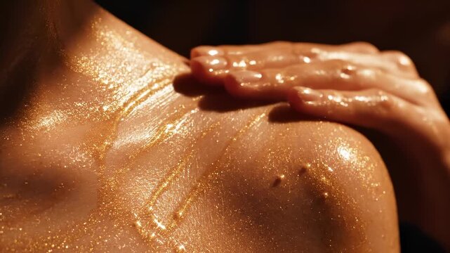 Close-up of a woman applying gold shimmer oil to her shoulder and collarbone with a gentle touch under dramatic cinematic lighting.
