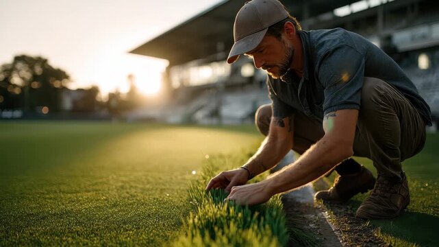 Groundskeeper cultivates healthy grass on sports field during golden hour to ensure optimal playing conditions for athletes
