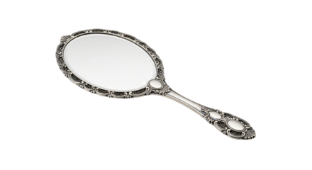 Ornate Vintage Silver Hand Mirror with Detailed Engraved Metal Frame and Handle Isolated on a White Background - AI Generative