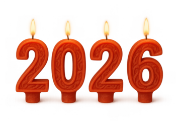 Red candle numbers forming 2026 with lighted wicks, symbolizing new year celebrations, future planning, and upcoming success. Transparent background