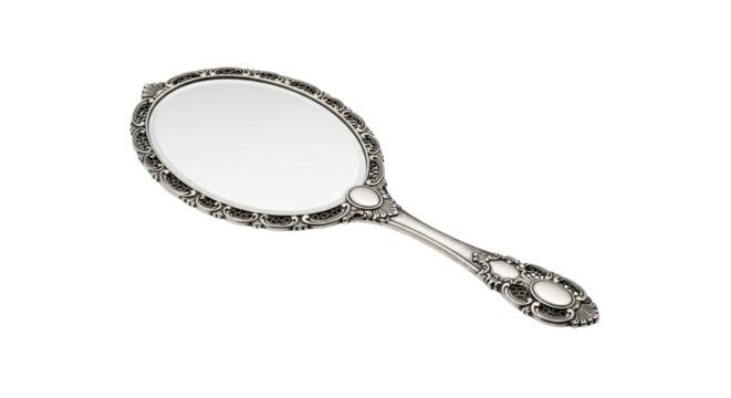 Ornate Vintage Silver Hand Mirror with Detailed Engraved Metal Frame and Handle Isolated on a White Background - AI Generative