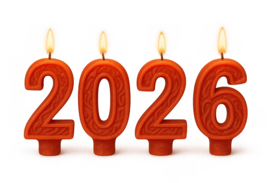 Red candle numbers forming 2026 with lighted wicks, symbolizing new year celebrations, future planning, and upcoming success. Transparent background - Powered by Adobe