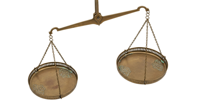 Vintage Brass Balance Scale with Tarnished Ornate Weighing Pans and Chains Suspended Isolated on a White Background - AI Generative