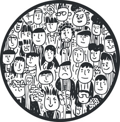 Fototapeta premium Whimsical black and white vector illustration of diverse characters in a circular arrangement, perfect for creative design projects.