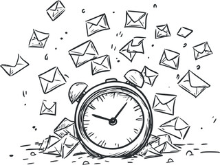 Hand-drawn vector illustration of an alarm clock surrounded by flying envelopes, symbolizing urgency and communication for design projects.