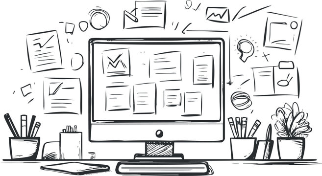 Hand-drawn vector illustration of a modern workspace featuring a computer, stationery, and organizational elements for creative and business contexts