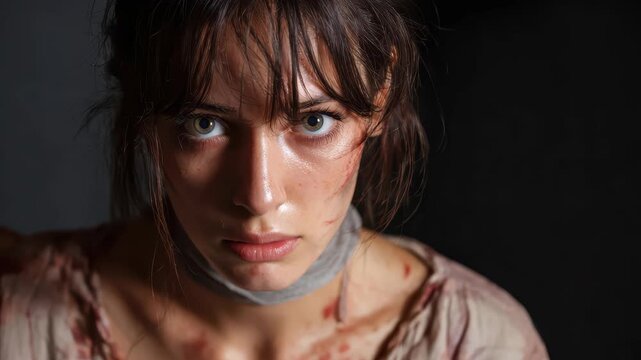 Frightened young woman in a dark room showing signs of distress and victimization after experiencing a traumatic event during nighttime