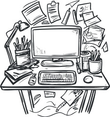 Hand-drawn vector illustration of a creative workspace featuring a computer, stationery, and organized elements for design projects