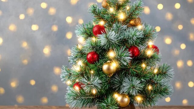 A charming, frosted evergreen tree stands adorned with an array of glowing warm lights and classic red and gold spherical ornaments, creating a cozy and enchanting festive atmosphere. The miniature tr