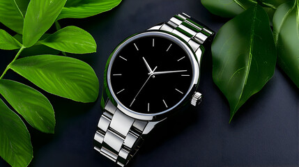 Modern black wristwatch with a sleek design on a dark background