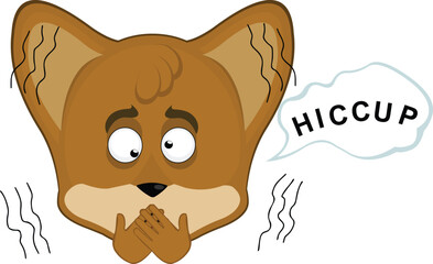 vector illustration emoticon character face fox animal, having hiccups symptom and a speech bubble with hiccup text