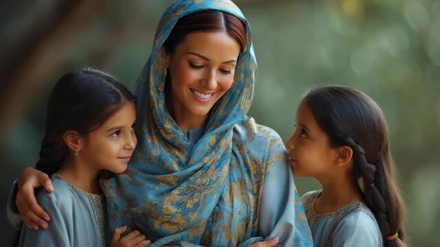 Cheerful Arabic mom enjoys a joyful moment with her two daughters in a serene outdoor setting, creating lasting memories in a lively family atmosphere