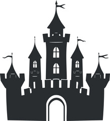 Obraz premium Silhouette vector illustration of a medieval castle with towers and banners, ideal for fantasy and children's design projects