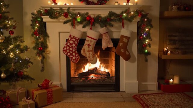 Christmas Fireplace with Stockings and Garlands