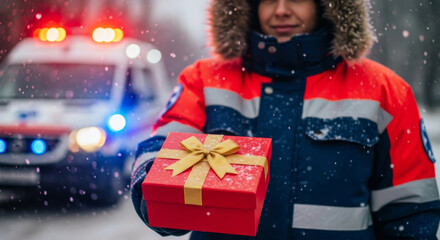 Paramedic in winter uniform holding a red Christmas gift box with an ambulance and flashing lights in the snowy background.
