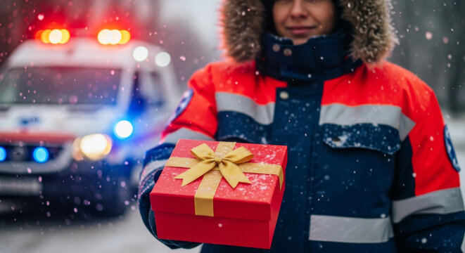 Paramedic in winter uniform holding a red Christmas gift box with an ambulance and flashing lights in the snowy background.