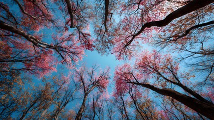 Tall tree trunks reach towards a vibrant blue sky filled with colorful foliage viewed from below