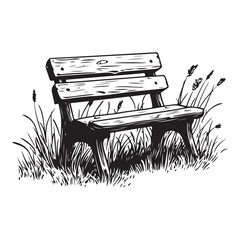 wooden park bench with grass and flowers silhouette