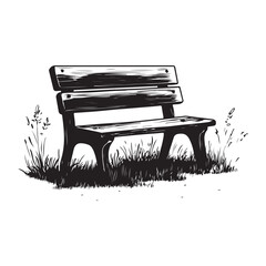wooden park bench with grass and flowers silhouette