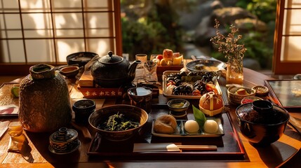 障子越しの光が差し込む1月の正月、鉄瓶とおせち料理がお膳に並ぶ秋の収穫を感じる和食の写真