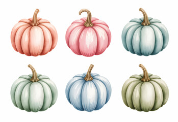 Pastel halloween pumpkins in soft watercolor on white background. Autumn pastel pumpkin collection  botanical detail.