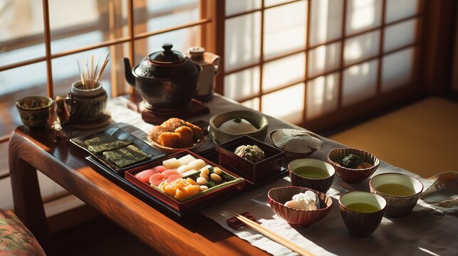 障子のある和風の部屋で木製テーブルに並べられた和食の寿司と急須を撮影した日本料理と茶道の写真