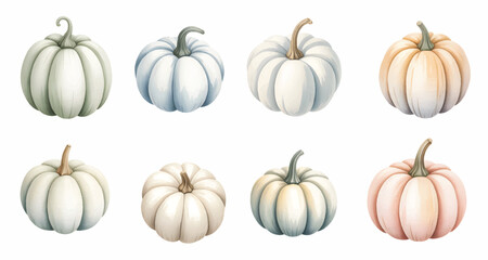 Soft blue pumpkin watercolor collection. Rustic blue autumn pumpkin isolated on white background.