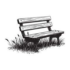 wooden park bench with grass and flowers silhouette