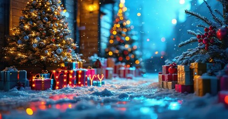 Obraz premium Festive winter scene. Snow covers street, gifts surround decorated trees. Bright lights create warm holiday atmosphere.