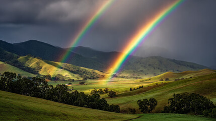 Obraz premium Vibrant rainbow over rolling hills after a soft rain.