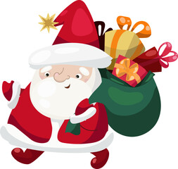 cute Santa Claus carrying a big sack of gifts. Classic Christmas character in festive style, perfect for holiday cards, posters, decorations, prints, and seasonal designs